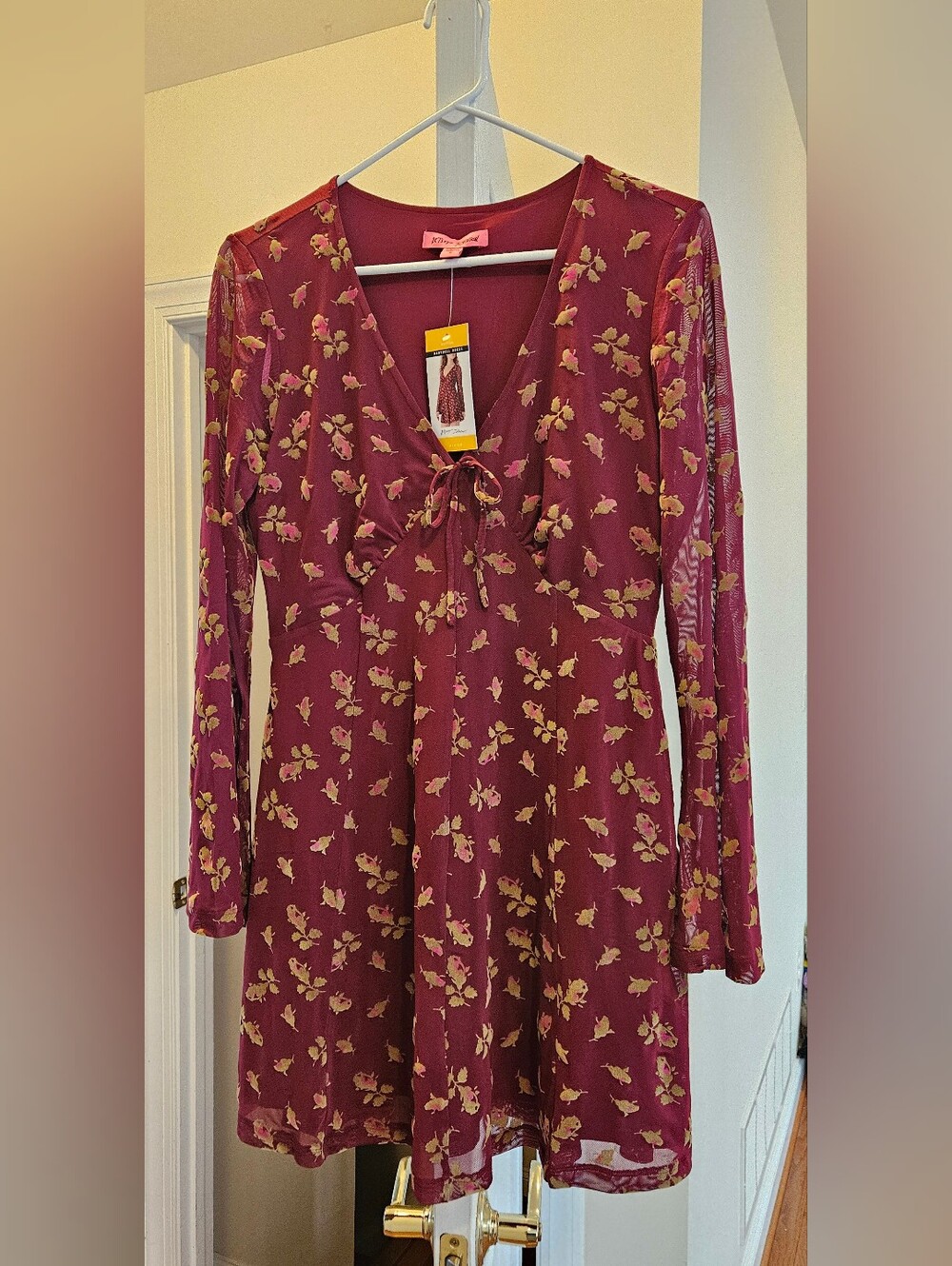 Betsey Johnson Burgundy Floral Tie-Front Long Sleeve Dress